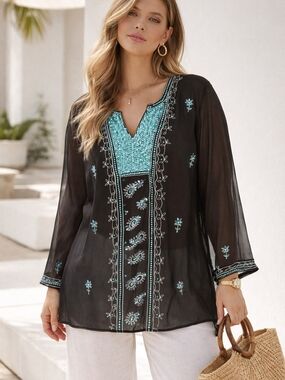 Penningtons Tunic Blouse Womens X Brown Sheer Embroidered Sequin Boho Festival